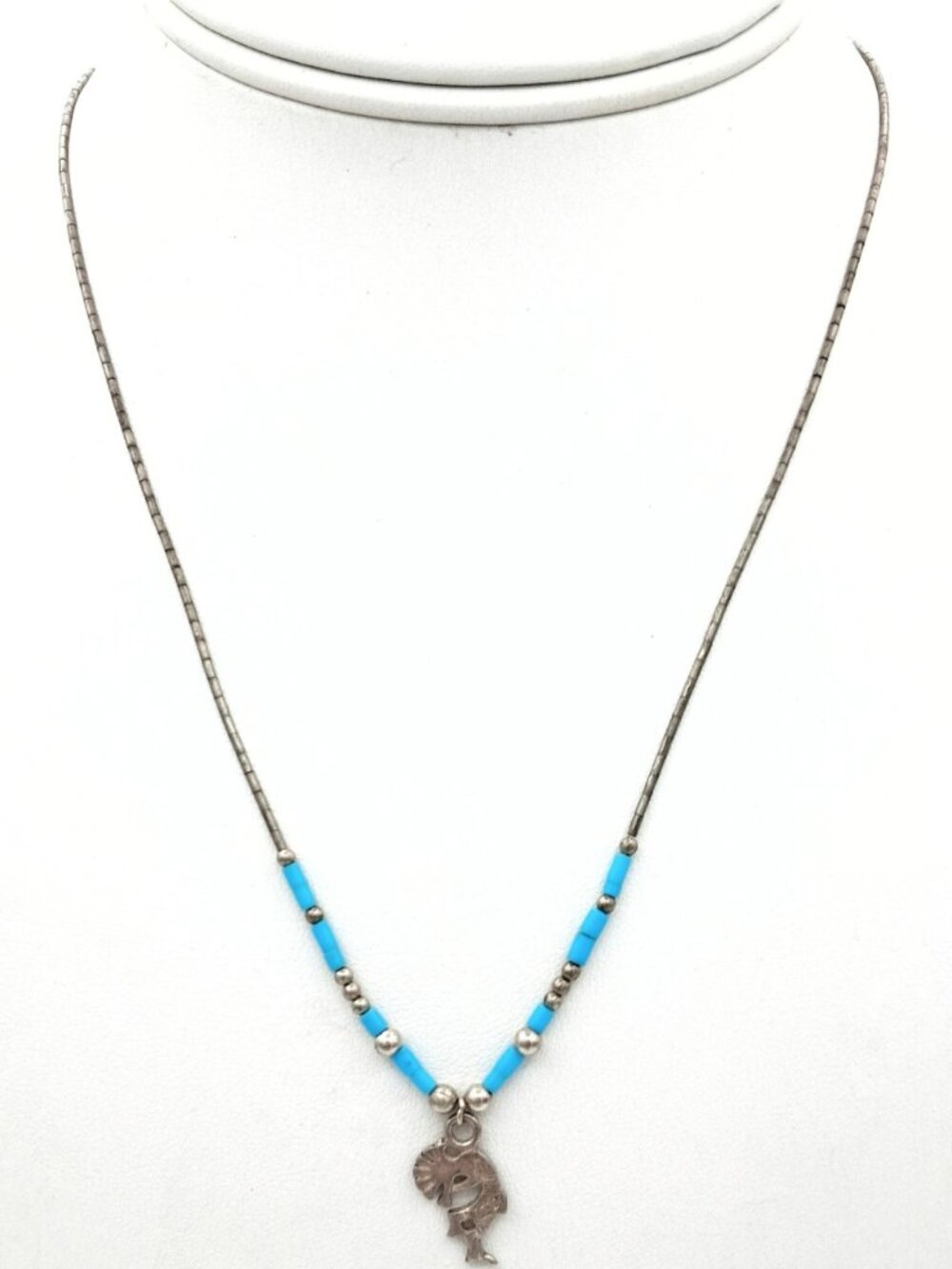 Liquid Silver Tone Faux Turquoise Kokopelli Pendant Necklace Barrel Clasp 17"